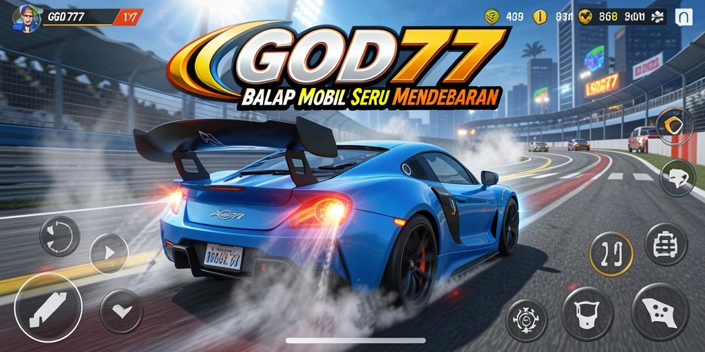 Tampilan aksi balapan mendebarkan di GOD77 dengan mobil cepat.