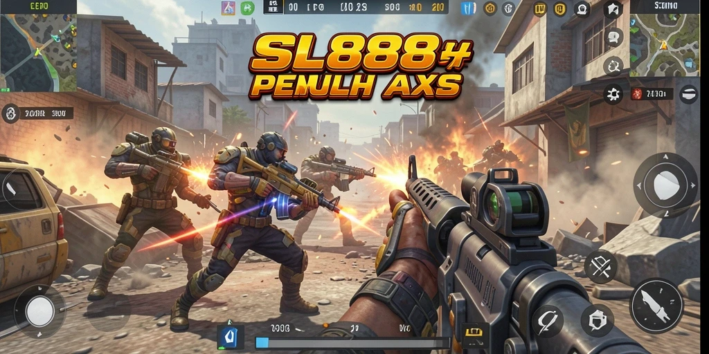 Screenshot dari SL888 menampilkan aksi tembak-menembak yang mendebarkan.