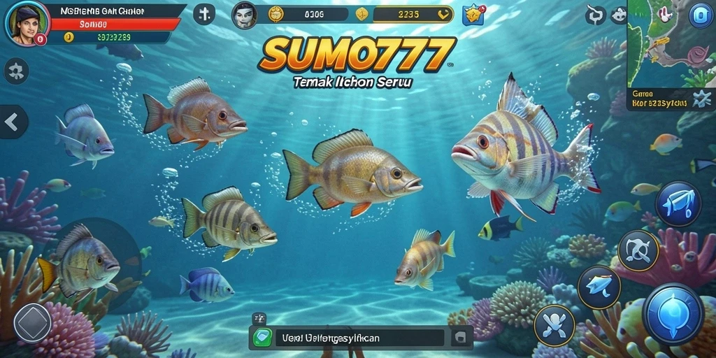 Screenshot gameplay SUMO777 dengan aksi seru dalam menangkap ikan.